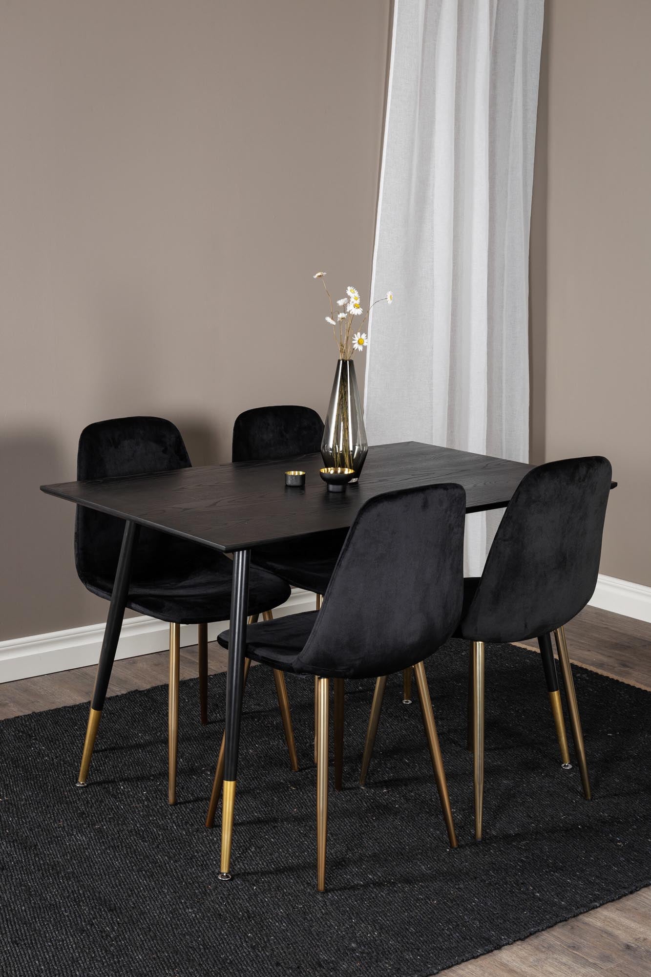 Elegantes Dipp Esszimmerset: 120 cm Tisch in edlem Schwarz mit goldenen Akzenten, kombiniert mit 4 komfortablen Samtstühlen für stilvolle Essmomente.