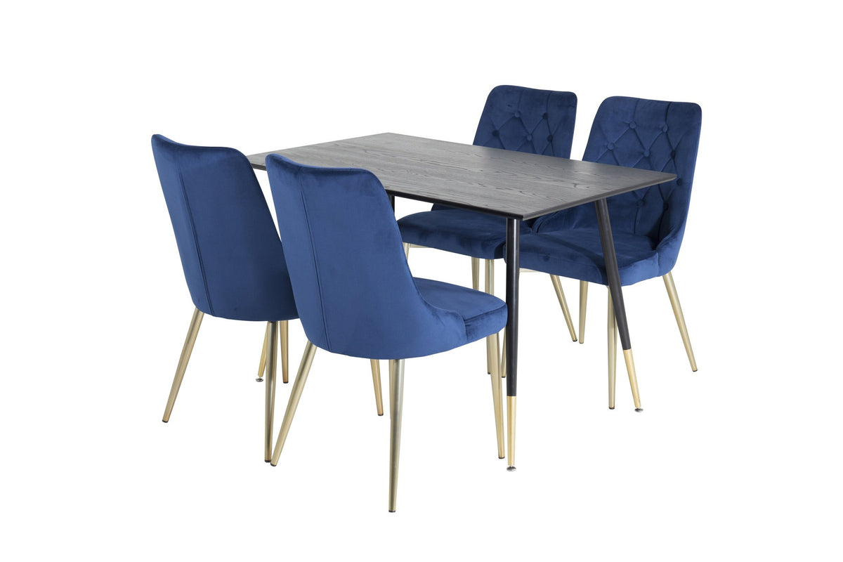 Rechteckiger Esstisch mit schwarzer MDF-Platte und Stahlbeinen, dazu zwei blaue Stühle mit messingfarbener Oberfläche im Esszimmerset.