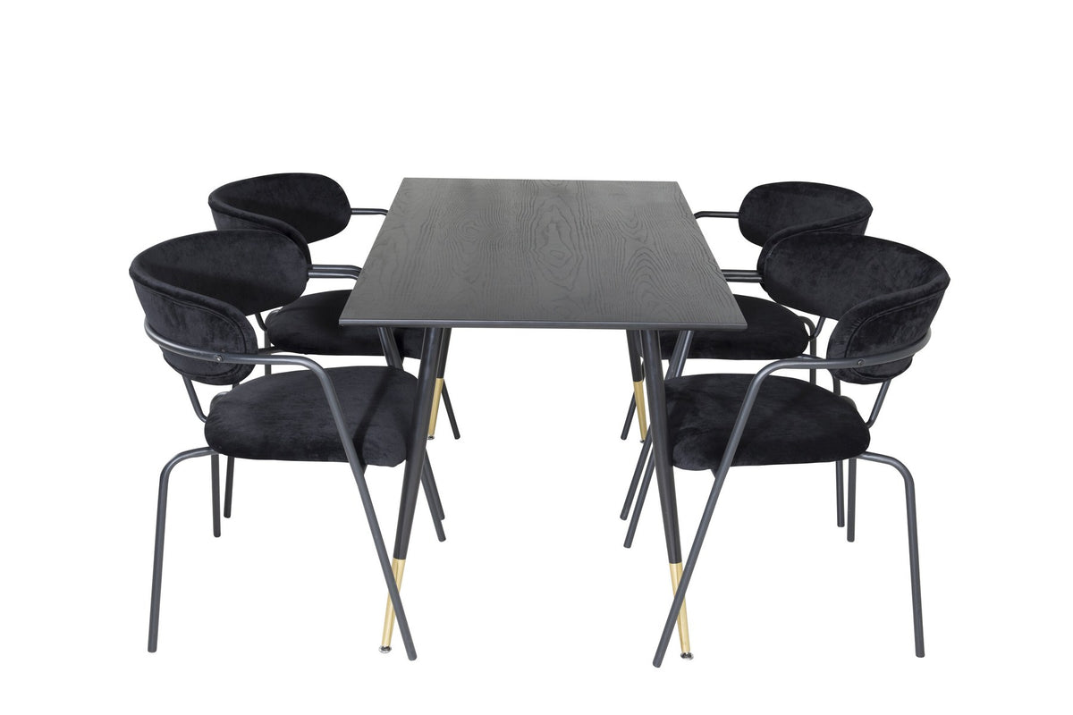 Esszimmerset aus schwarzem MDF und Stahl: Tisch mit 1.8 cm starker Platte und vier schwarz pulverbeschichtete Stühle der Serie Arrow.