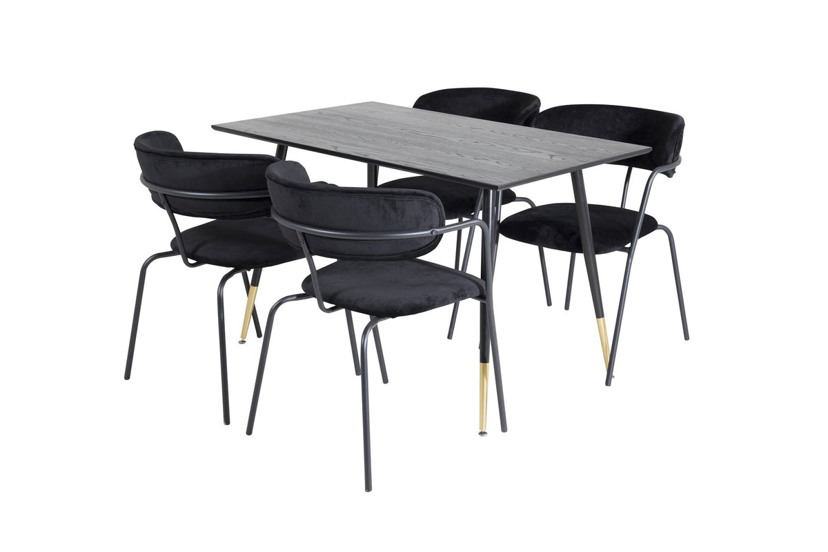 Esszimmerset aus schwarzem MDF und Stahl: Tisch mit 1.8 cm starker Platte und vier schwarz pulverbeschichtete Stühle der Serie Arrow.