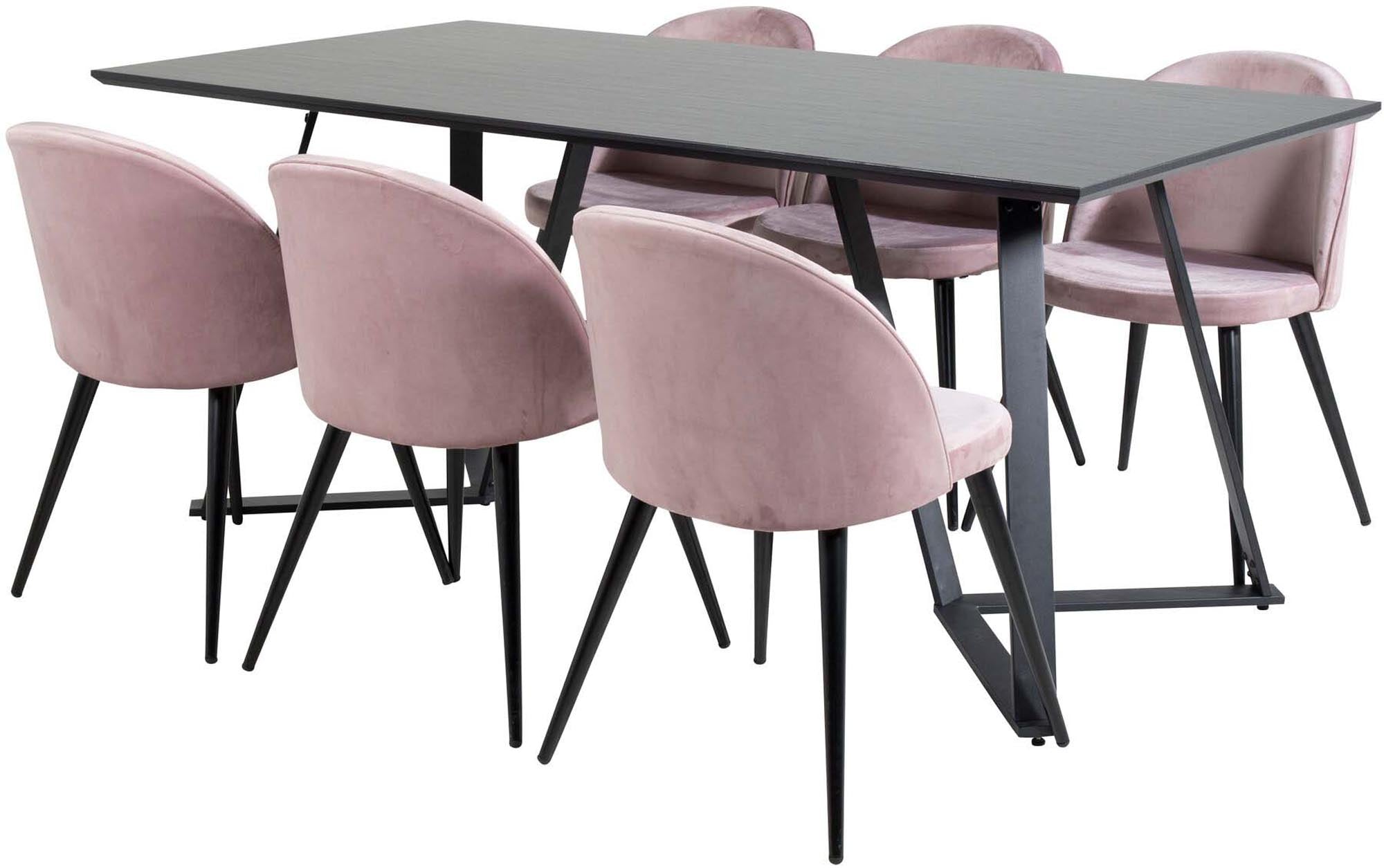 Erleben Sie das elegante Marina Esszimmerset Velvet von Venture Home. Ideal für 6 Personen, mit pflegeleichter Tischplatte und bequemen, luxuriösen Stühlen.