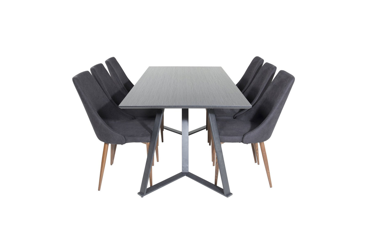 Rechteckiger Esstisch mit schwarzer MDF-Platte und Stahlgestell, kombiniert mit zwei schwarzen Esszimmerstühlen aus MDF und Stahl.