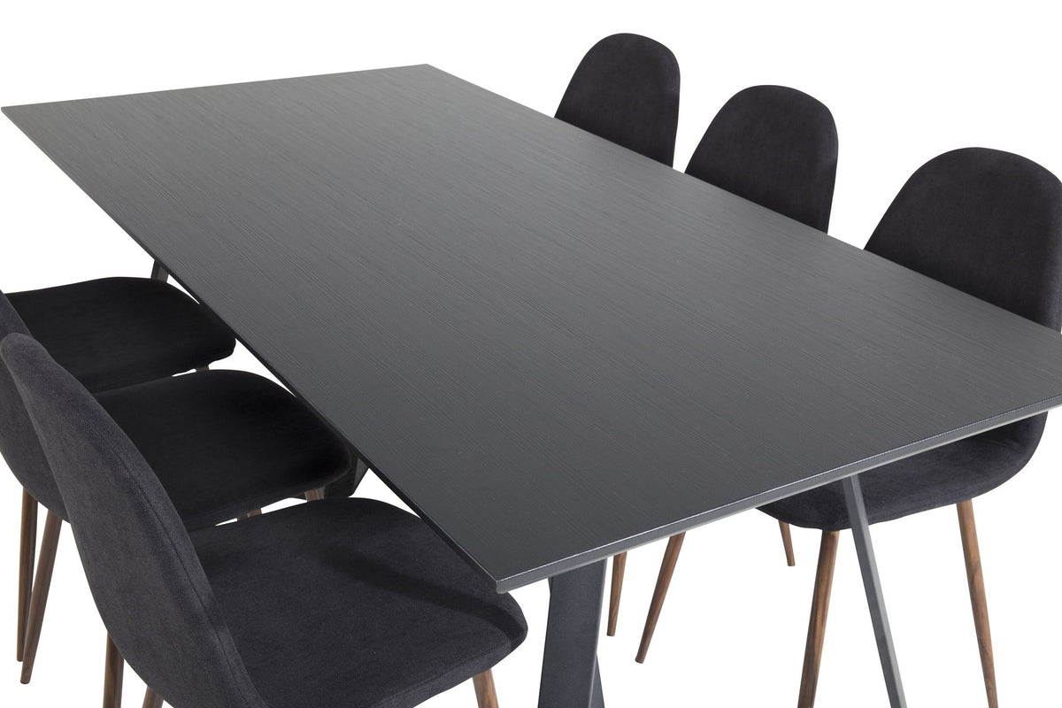 Schwarzes Esszimmerset Marina Polar: MDF-Tischplatte mit Stahlgestell und sechs Stühle mit Stahlgestell und beschichteter Sitzfläche.
