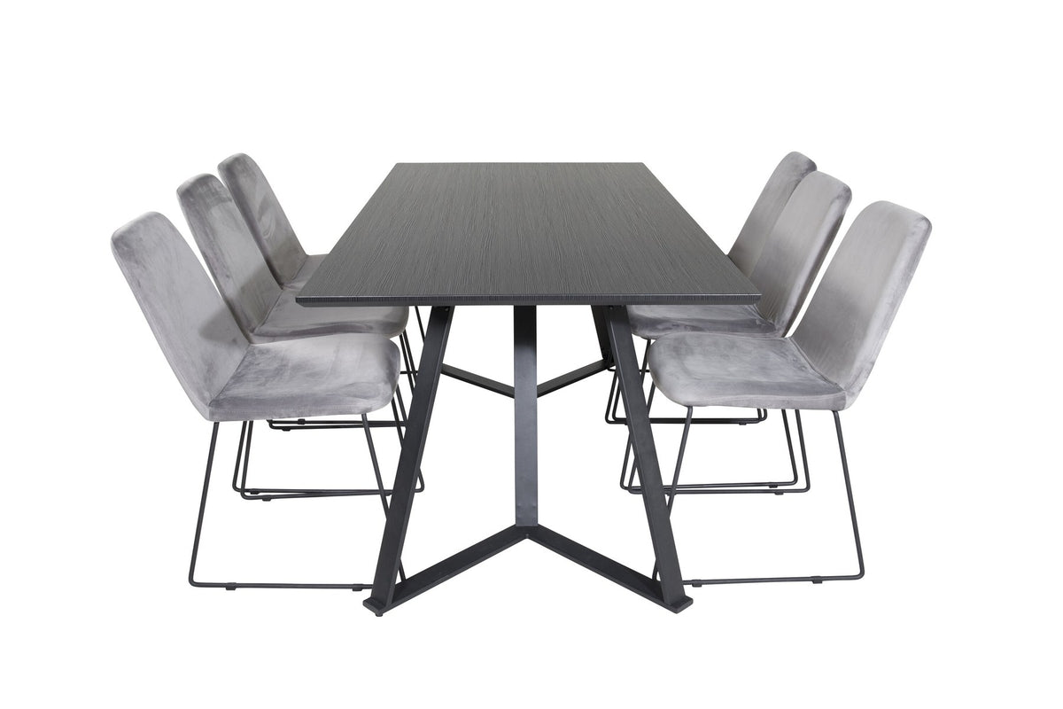 Zwei graue Esszimmerstühle mit schwarzem Stahlgestell und rechteckiger Esstisch aus MDF mit schwarzer Tischplatte, 180x90 cm.