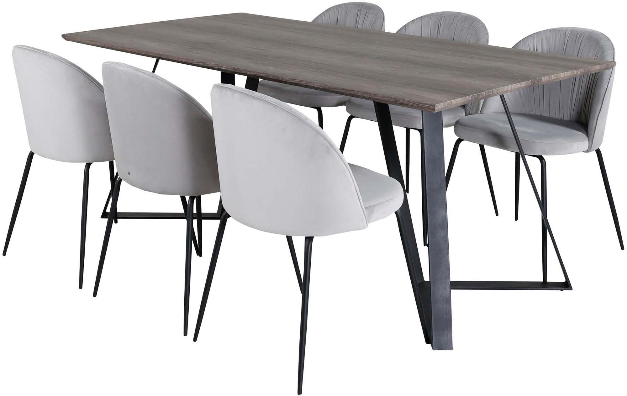 Elegantes Esszimmerset Marina: 180 cm stabiler Holztisch und 6 luxuriöse Samtstühle für stilvolle und komfortable Essensrunden.