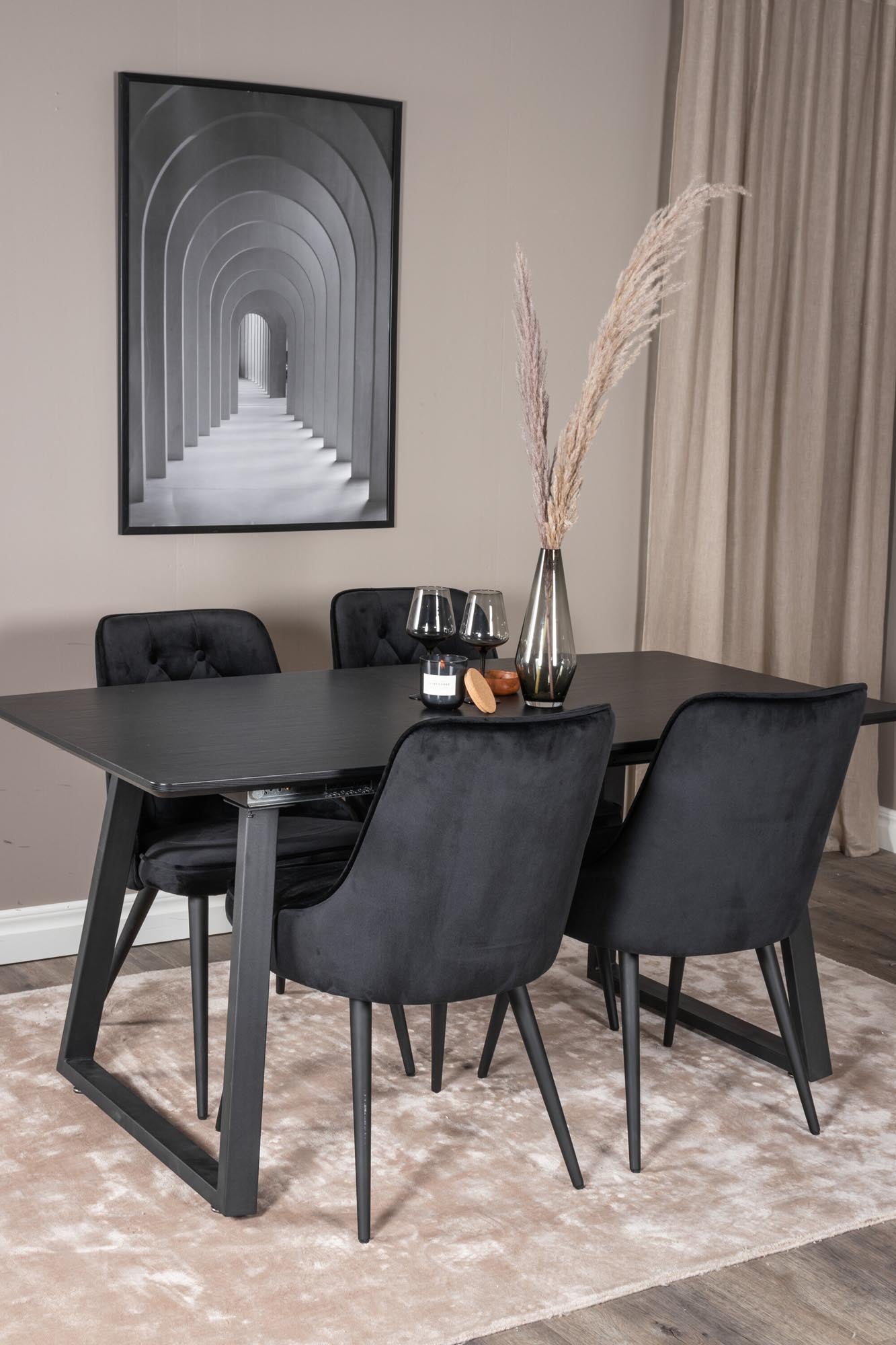 Entdecken Sie das Inca Esszimmerset von Venture Home: Ausziehbarer Tisch (160 cm) und 4 luxuriöse Samtstühle. Perfekt für gesellige Abende und elegante Anlässe.