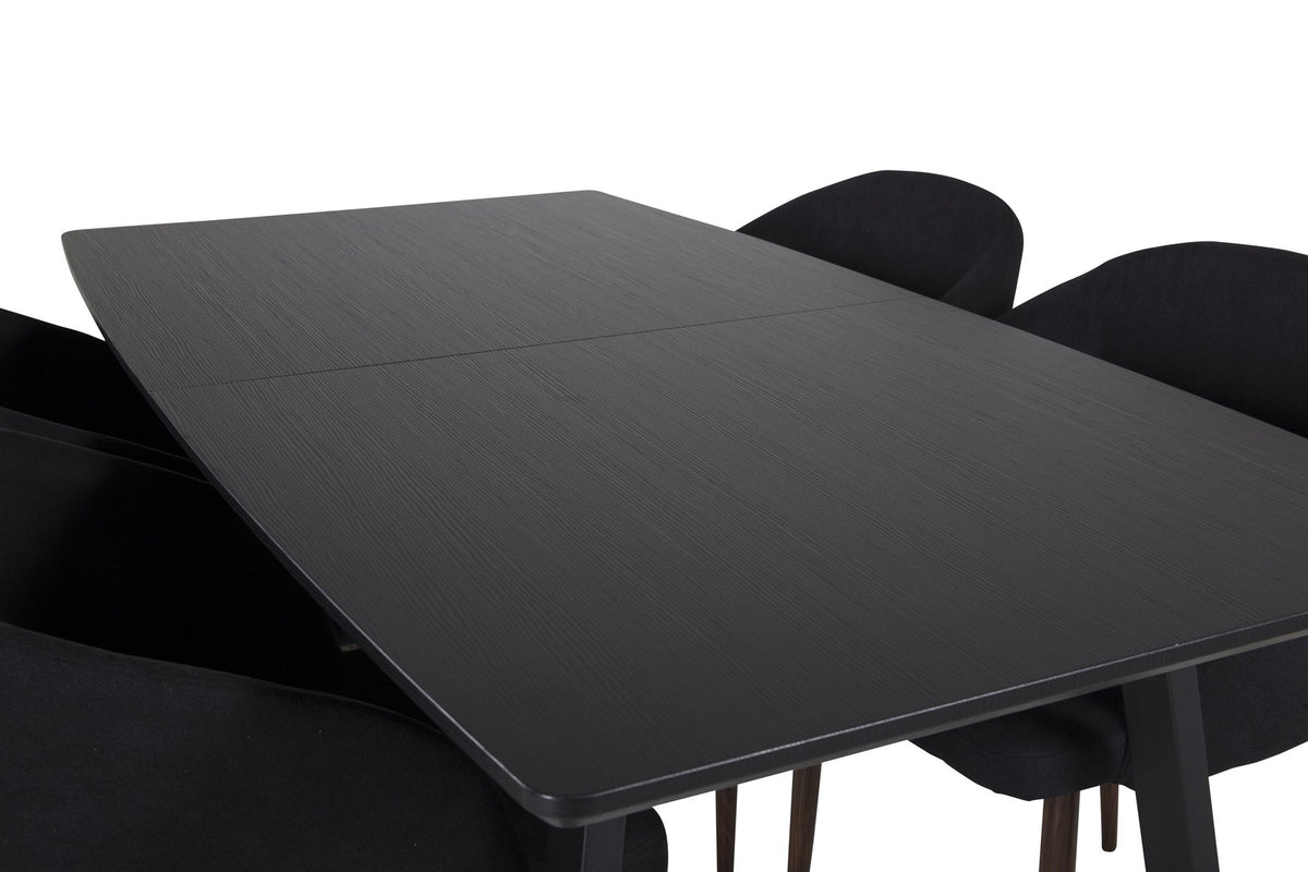 Schwarzes Esszimmerset: 2 Stühle aus MDF und Stahl mit Folienoberfläche sowie rechteckiger Esstisch mit Stahlbeinen, Tischplatte 160 x 85 cm.