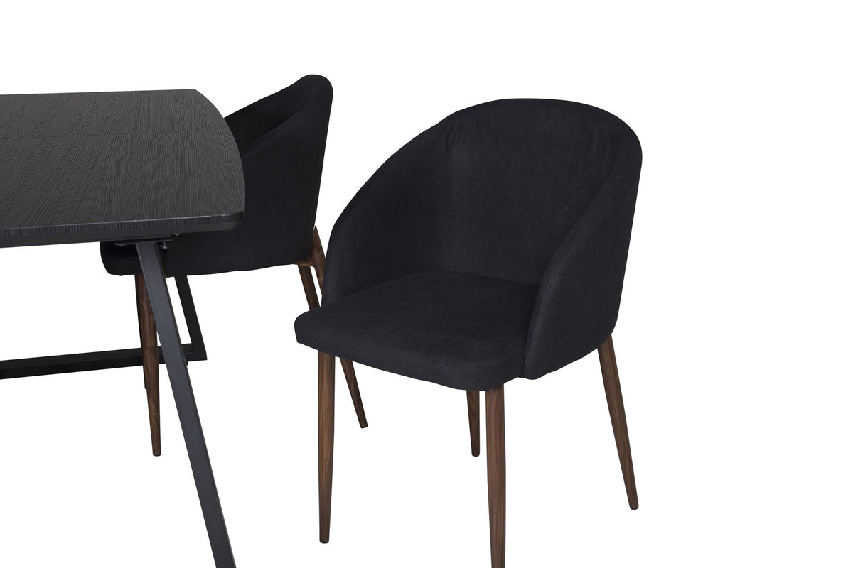 Schwarzes Esszimmerset: 2 Stühle aus MDF und Stahl mit Folienoberfläche sowie rechteckiger Esstisch mit Stahlbeinen, Tischplatte 160 x 85 cm.