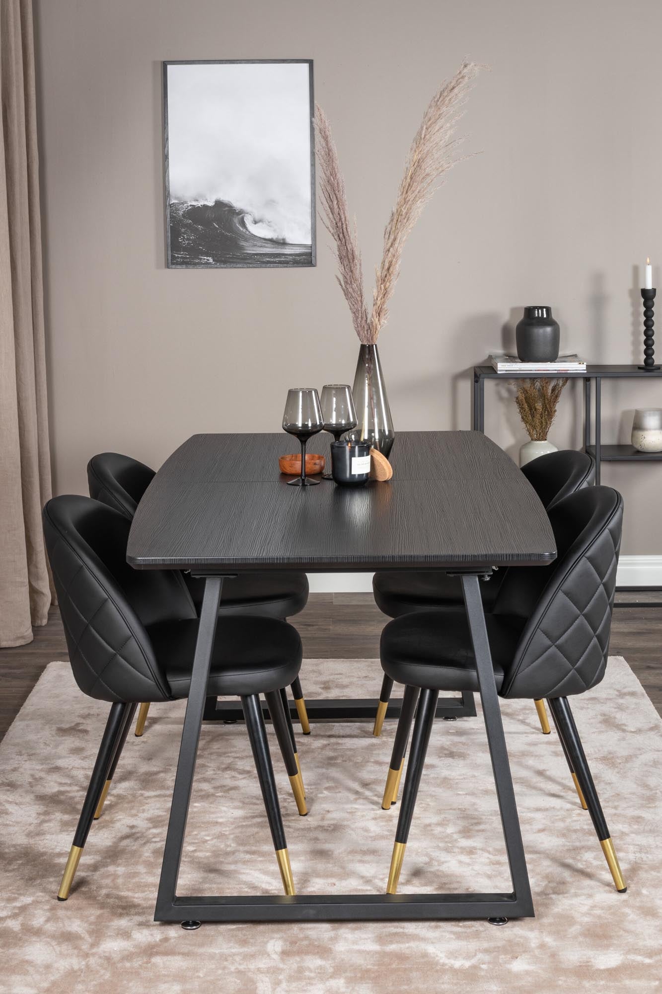 Inca Esszimmerset: Eleganter, ausziehbarer Tisch (160 cm) und luxuriöse Samt-Stühle. Perfekt für gesellige Feiern und stilvolle Mahlzeiten.