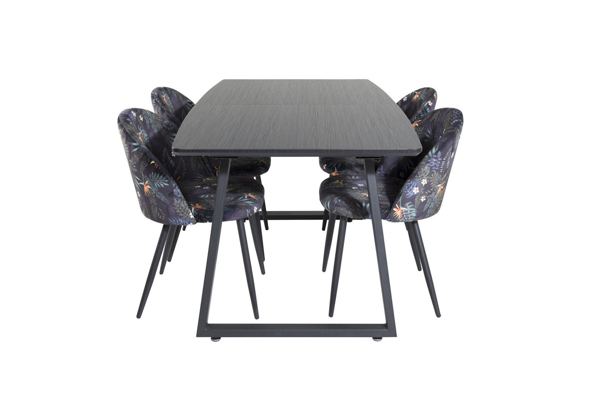 Esszimmerset Inca mit ausziehbarem Holztisch, schwarzer Tischplatte aus MDF und grauen Samtstühlen mit schwarzen Stahlbeinen der Serie Velvet.