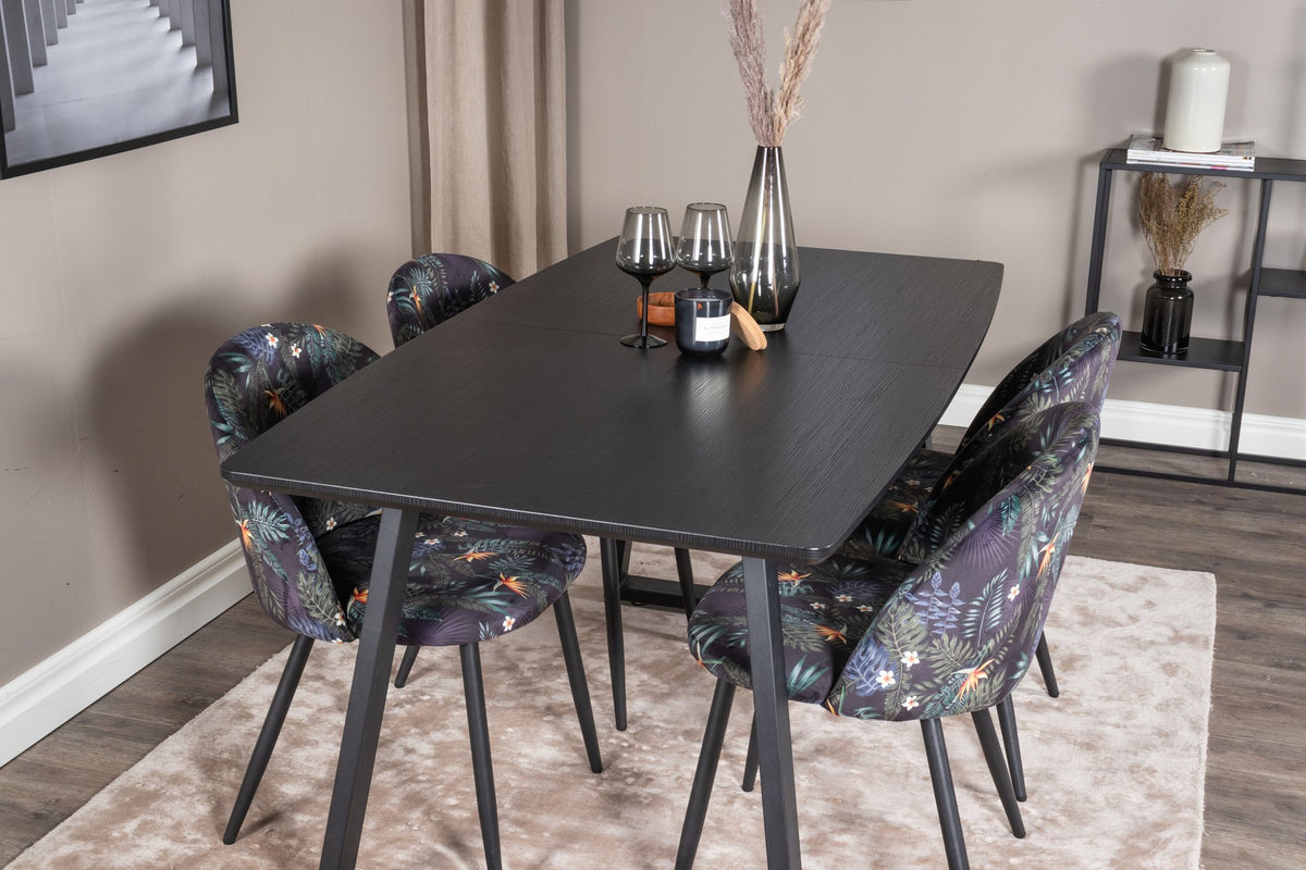 Esszimmerset Inca mit ausziehbarem Holztisch, schwarzer Tischplatte aus MDF und grauen Samtstühlen mit schwarzen Stahlbeinen der Serie Velvet.