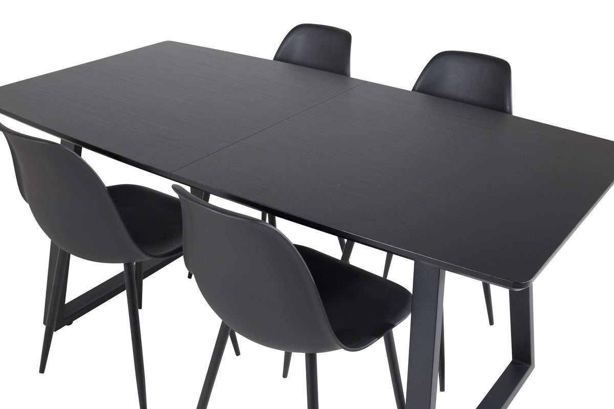 Schwarzes Inca Esszimmerset von Venture Home: ausziehbarer Tisch aus MDF, Sperrholz und Stahl mit sechs passenden Stühlen der Serie Polar