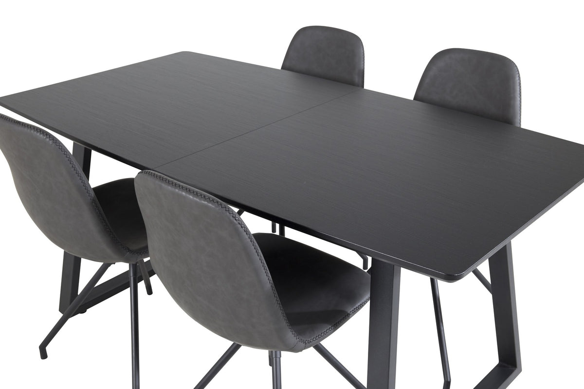 Schwarzes Inca Esszimmerset von Venture Home: ausziehbarer Tisch aus MDF, Sperrholz und Stahl mit sechs passenden Stühlen der Serie Polar