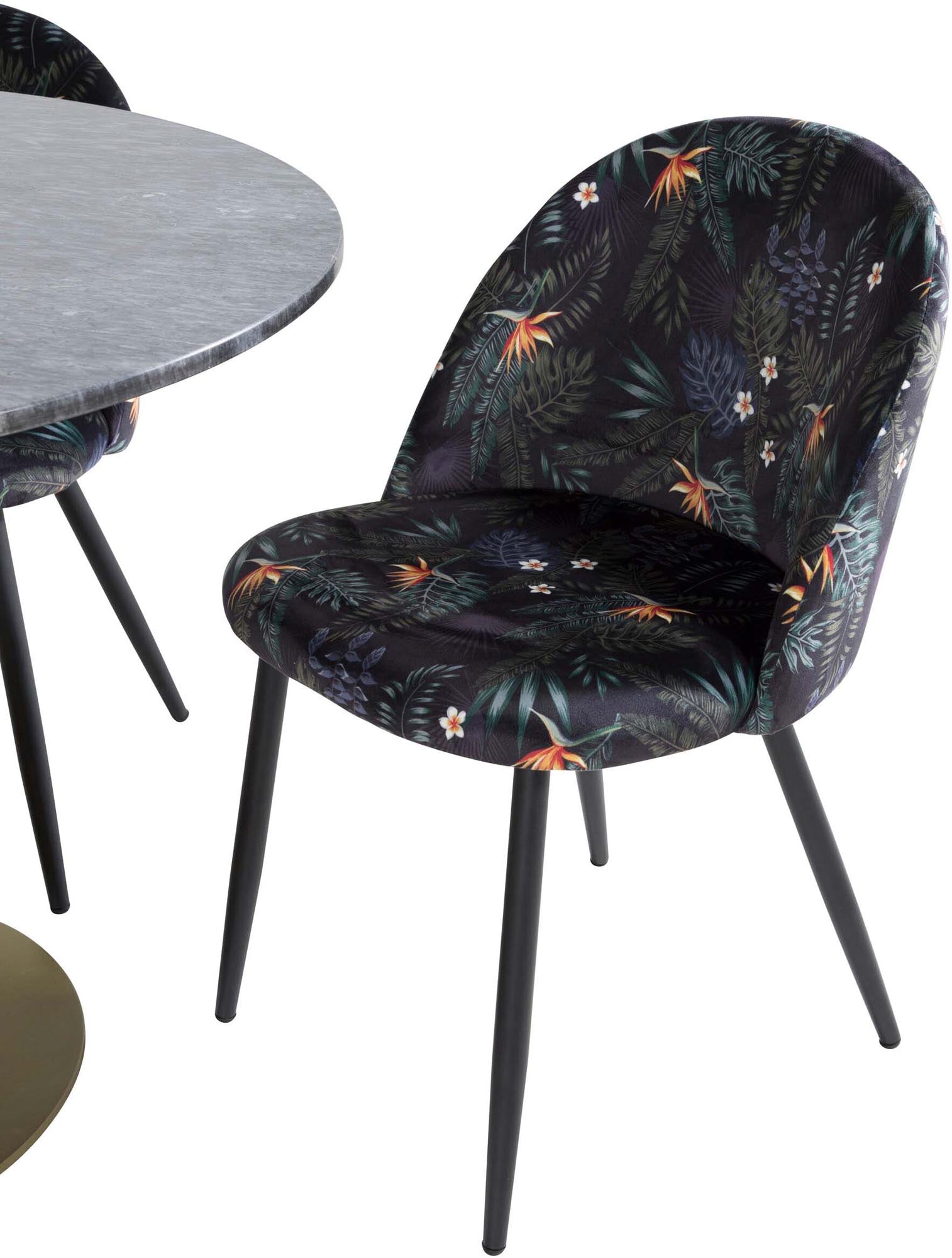 Stilvolles Esszimmerset Estelle: runder Marmortisch ⌀106cm und 4 komfortable Velvet-Stühle für ein elegantes Ambiente.