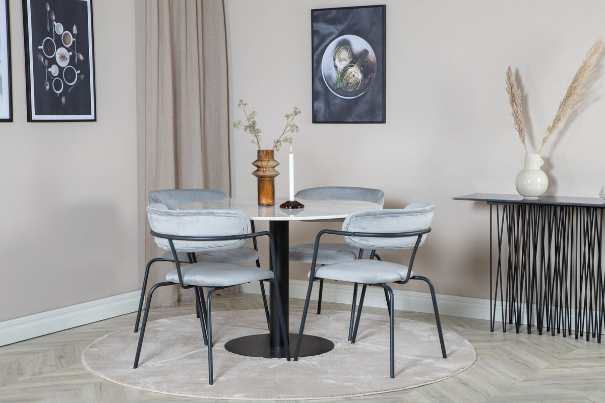 Rundes Esszimmerset aus weisser Marmor-Tischplatte auf Stahlbeinen mit zwei grauen Stühlen mit schwarz pulverbeschichtetem Stahlgestell von Venture Home.