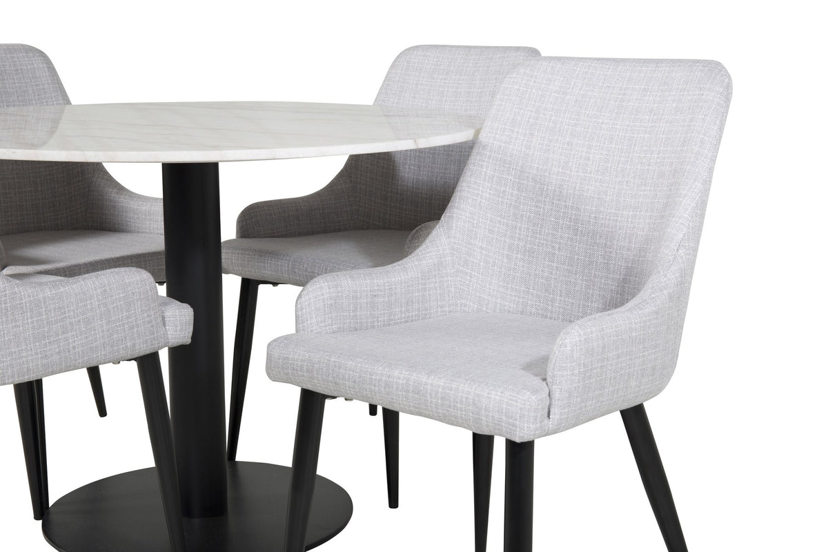 Rundes Esszimmerset aus Marmor und Stahl: weisse Tischplatte ⌀106 cm mit zwei grauen Stühlen, schwarz pulverbeschichtetes Gestell, Venture Home.