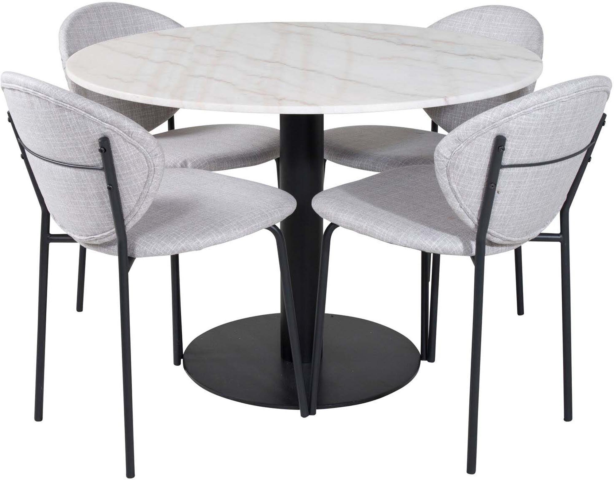 Entdecken Sie das elegante Estelle Esszimmerset von Venture Home mit 106 cm Marmortisch und komfortablen Vault Stühlen für stilvolle Esszimmermomente.