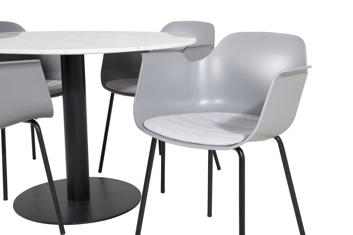 Bartischset Estelle mit weisser Marmor-Tischplatte auf Stahlgestell und schwarzen Comfort-Stühlen mit Polyesterbezug in Grau.