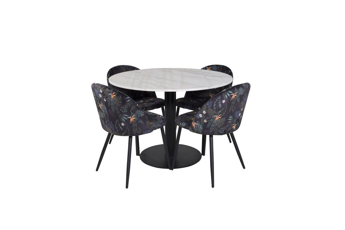 Esszimmertisch Estelle mit weisser Marmorplatte und Stahlgestell, dazu Samtstühle der Velvet-Serie mit schwarz pulverbeschichtetem Gestell