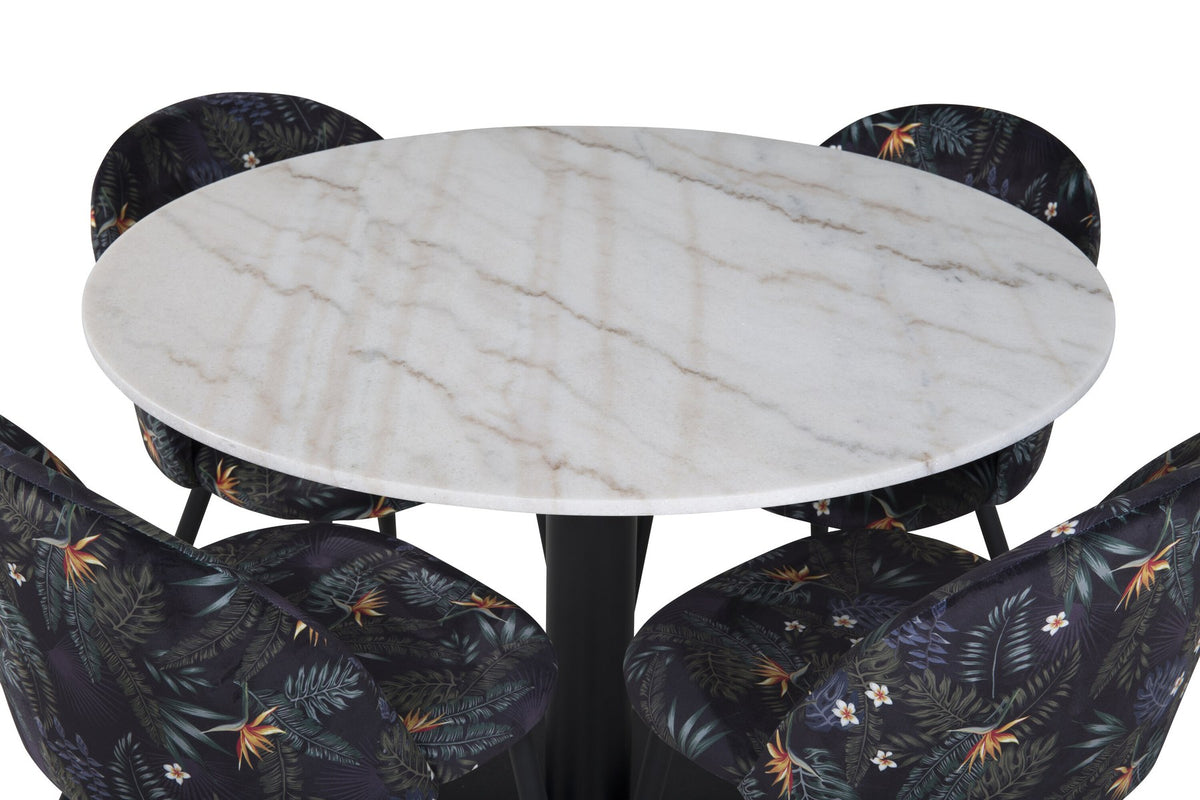 Esszimmertisch Estelle mit weisser Marmorplatte und Stahlgestell, dazu Samtstühle der Velvet-Serie mit schwarz pulverbeschichtetem Gestell