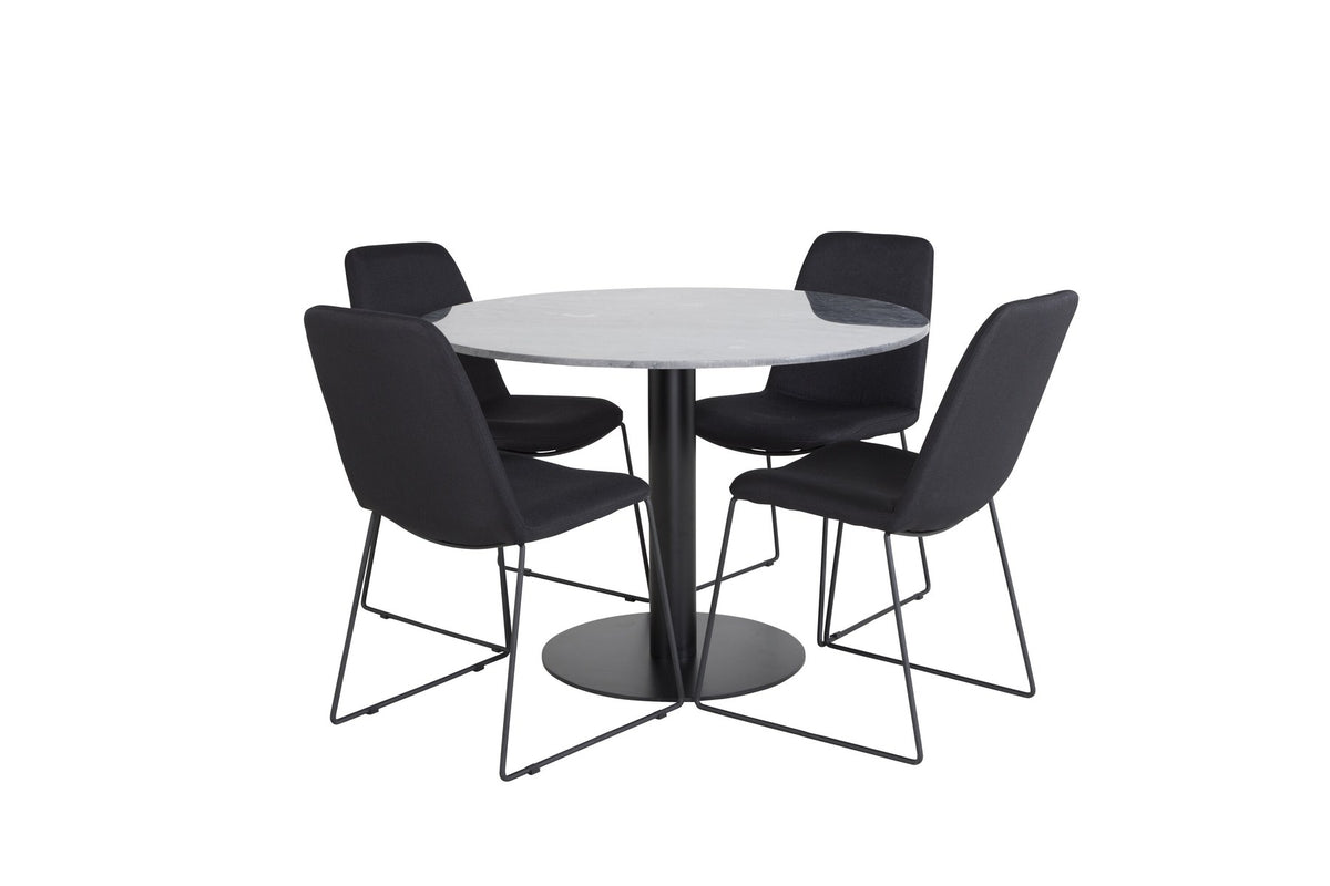 Bartischset Estelle: runder Marmor-Tisch mit Stahlgestell in Schwarz, dazu Muce-Stühle mit gepolstertem Polyesterbezug und Stahlrahmen.