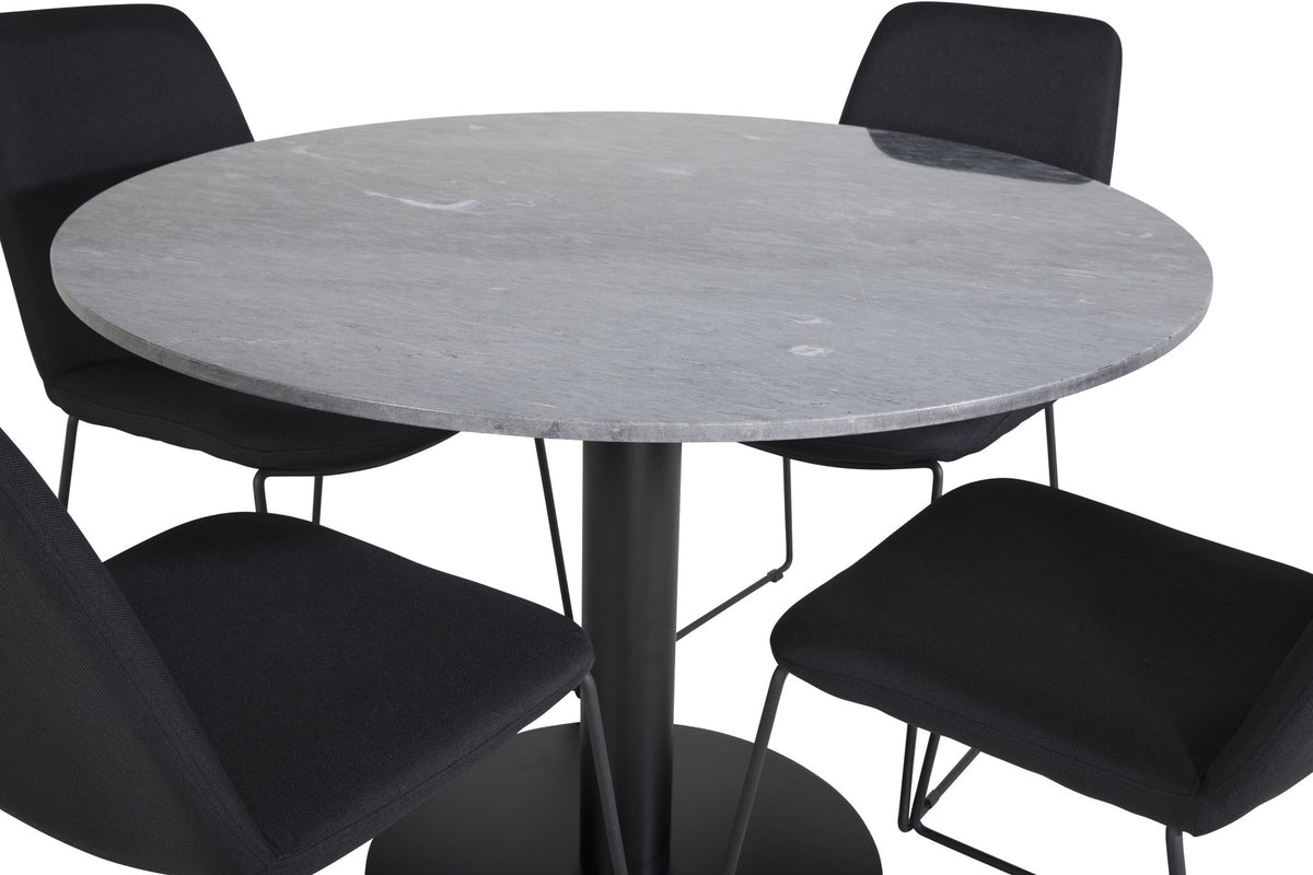 Bartischset Estelle: runder Marmor-Tisch mit Stahlgestell in Schwarz, dazu Muce-Stühle mit gepolstertem Polyesterbezug und Stahlrahmen.