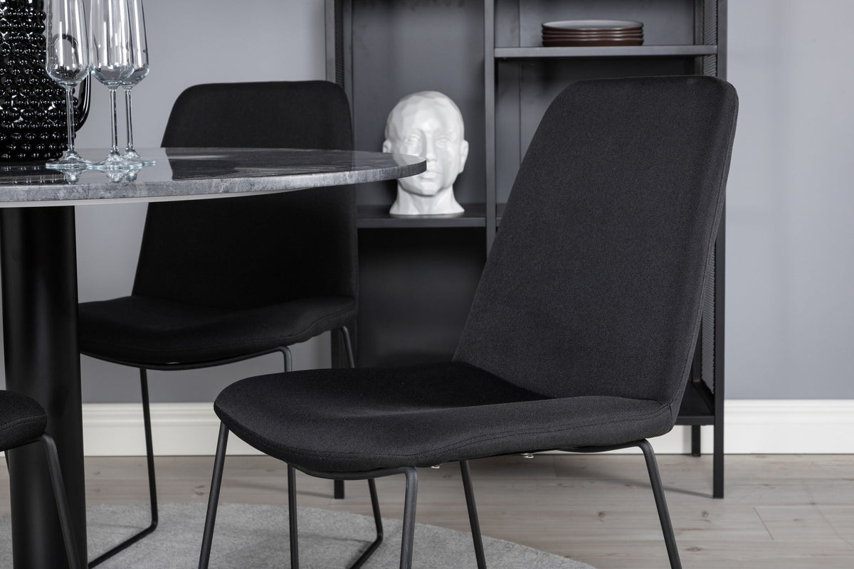 Bartischset Estelle: runder Marmor-Tisch mit Stahlgestell in Schwarz, dazu Muce-Stühle mit gepolstertem Polyesterbezug und Stahlrahmen.