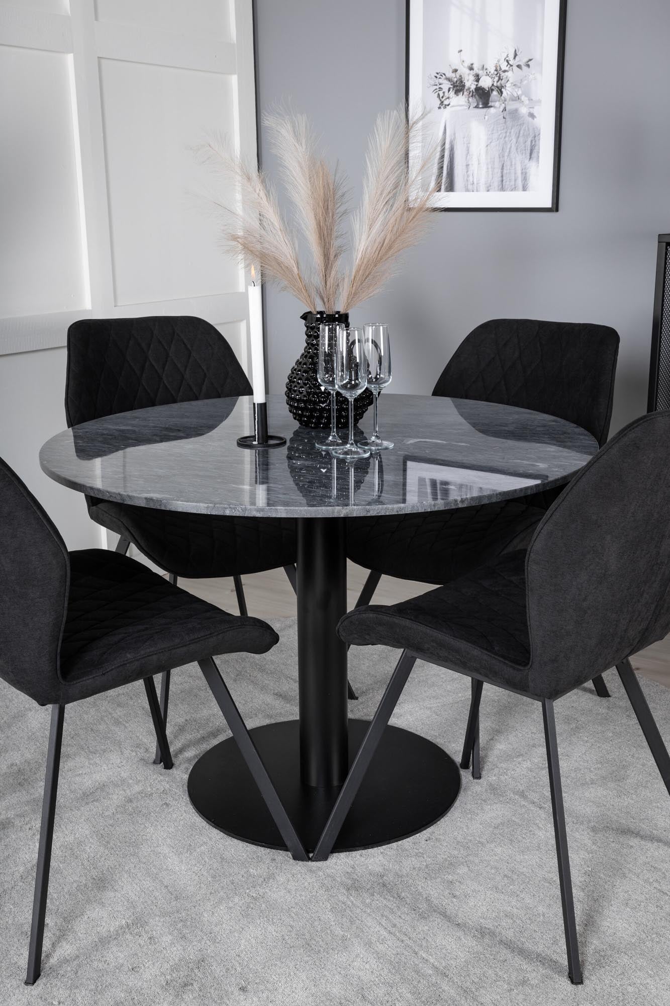 Modernes Esszimmerset Estelle + Gemma mit 106 cm Durchmesser. Eleganter Tisch und komfortable Stühle für einladende Essmomente.