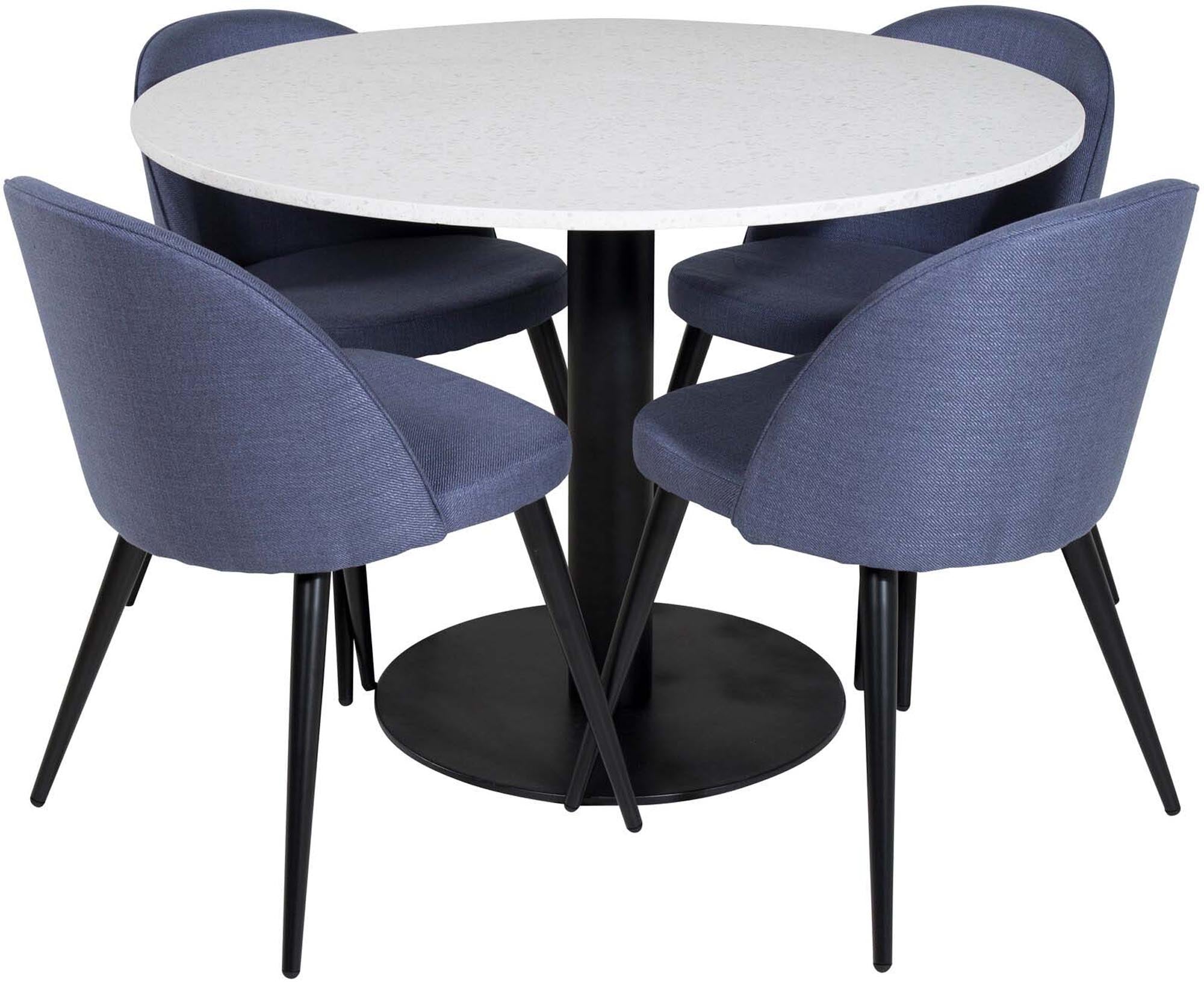 Genießen Sie das Razzia Esszimmerset von Venture Home: Ein eleganter 106 cm Tisch und 4 komfortable Velvet-Stühle für stilvolle Essmomente.