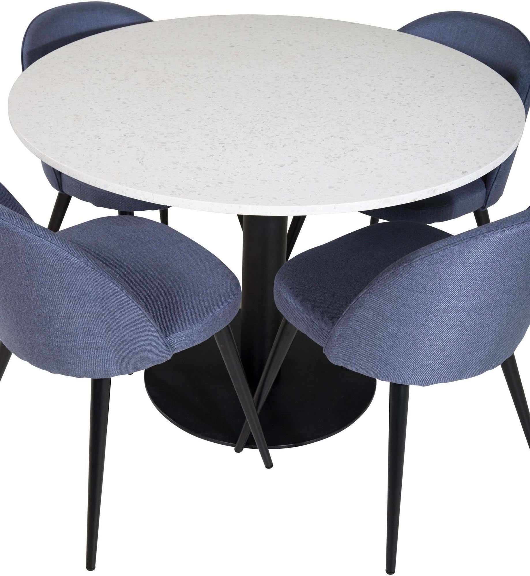 Genießen Sie das Razzia Esszimmerset von Venture Home: Ein eleganter 106 cm Tisch und 4 komfortable Velvet-Stühle für stilvolle Essmomente.