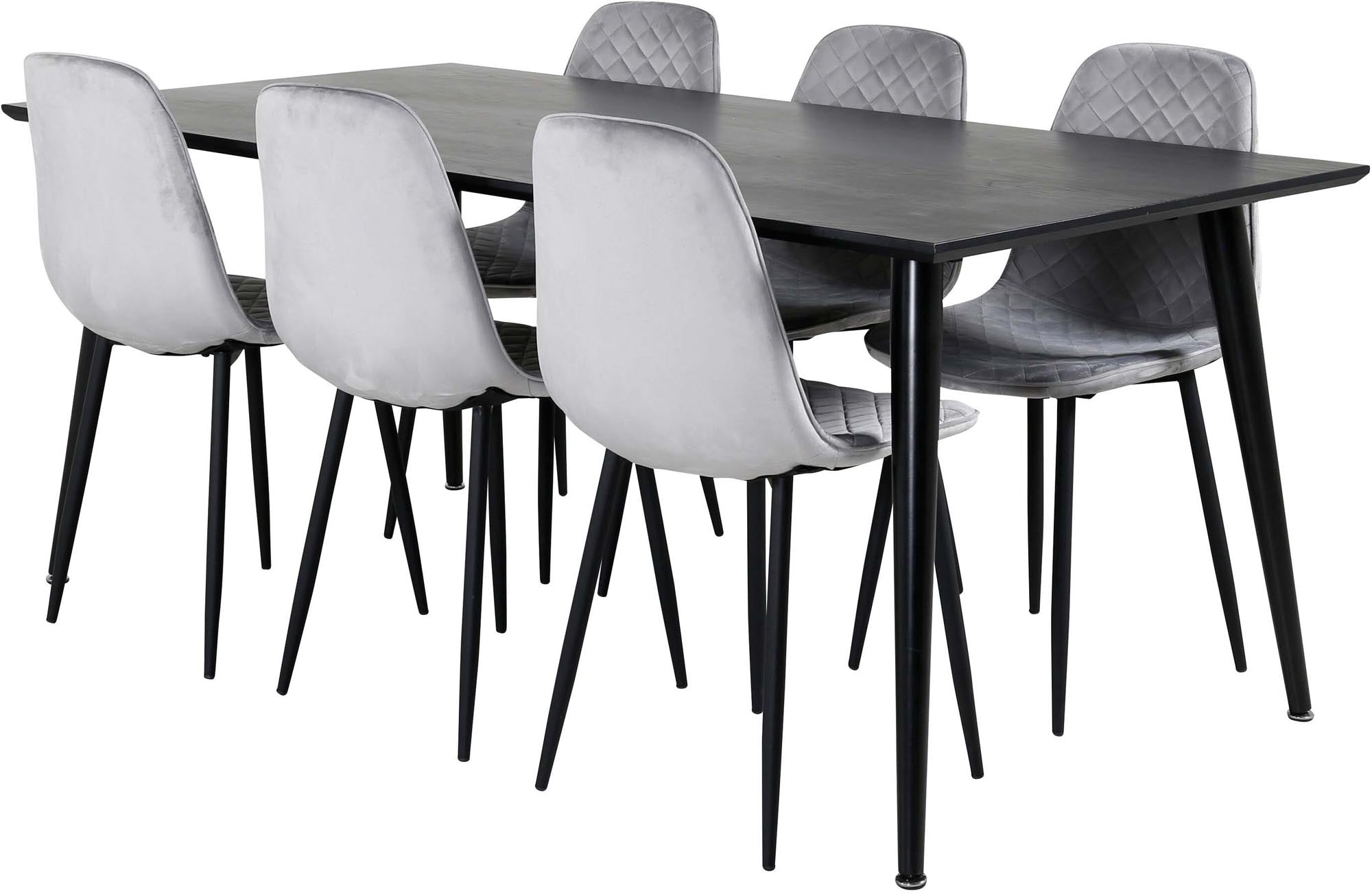 Entdecken Sie das stilvolle Dipp Esszimmerset von Venture Home: 180 cm Tisch und 6 elegante Samtstühle für Komfort und gesellige Runden.