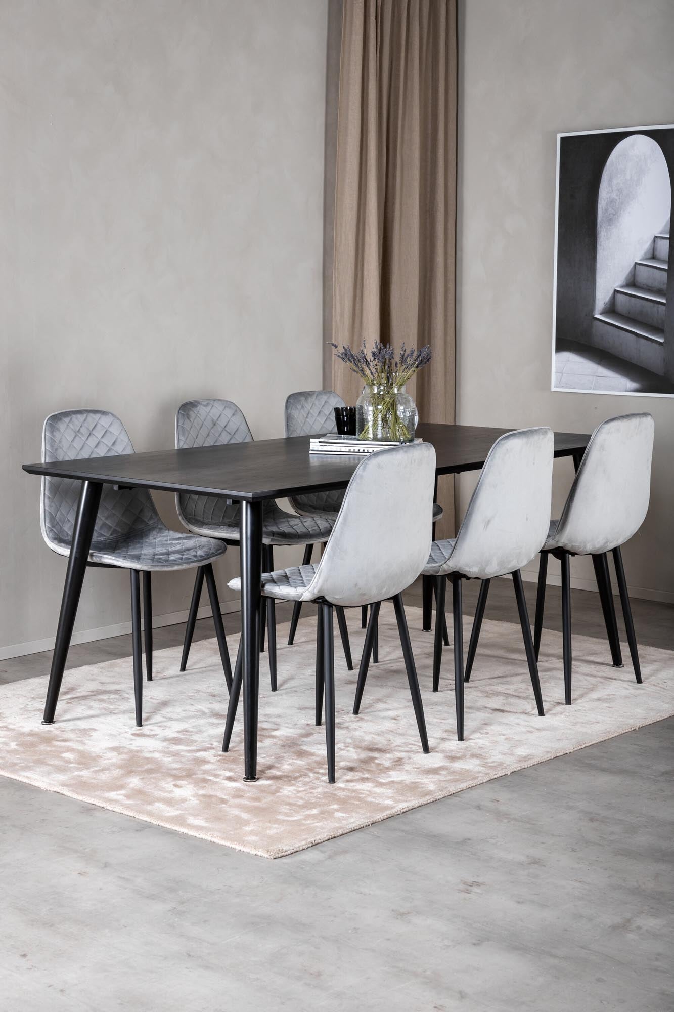 Entdecken Sie das Dipp Esszimmerset + Polar Diamond 180cm von Venture Home – modernes Design, luxuriöse Samtstühle und eleganter Esstisch für gesellige Momente.