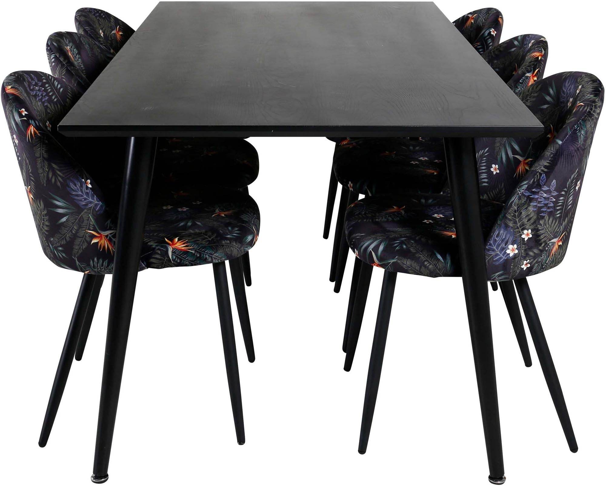 Entdecken Sie das Dipp Esszimmerset von Venture Home: Ein eleganter 180 cm Tisch und 6 bequeme Samtstühle für stilvolle Essmomente.