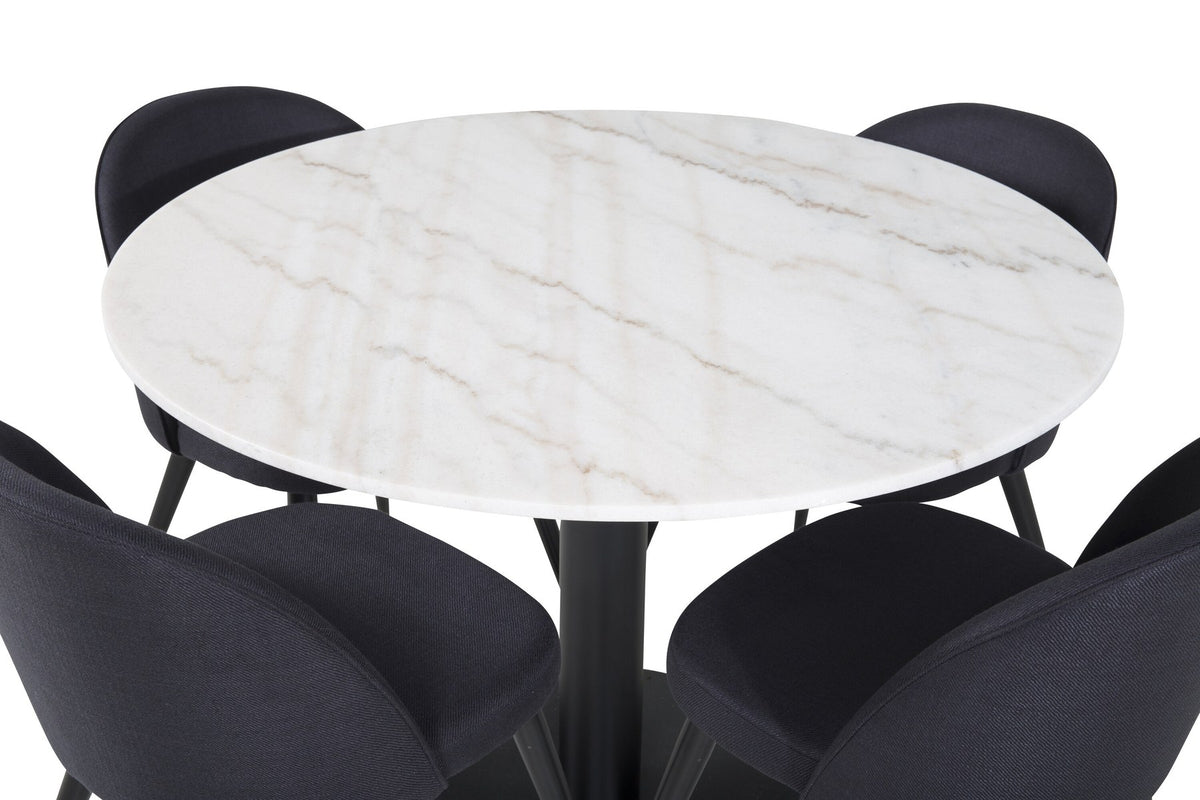 Esszimmertisch Estelle mit weisser Marmorplatte und Stahlgestell, dazu Samtstühle der Velvet-Serie mit schwarz pulverbeschichtetem Gestell