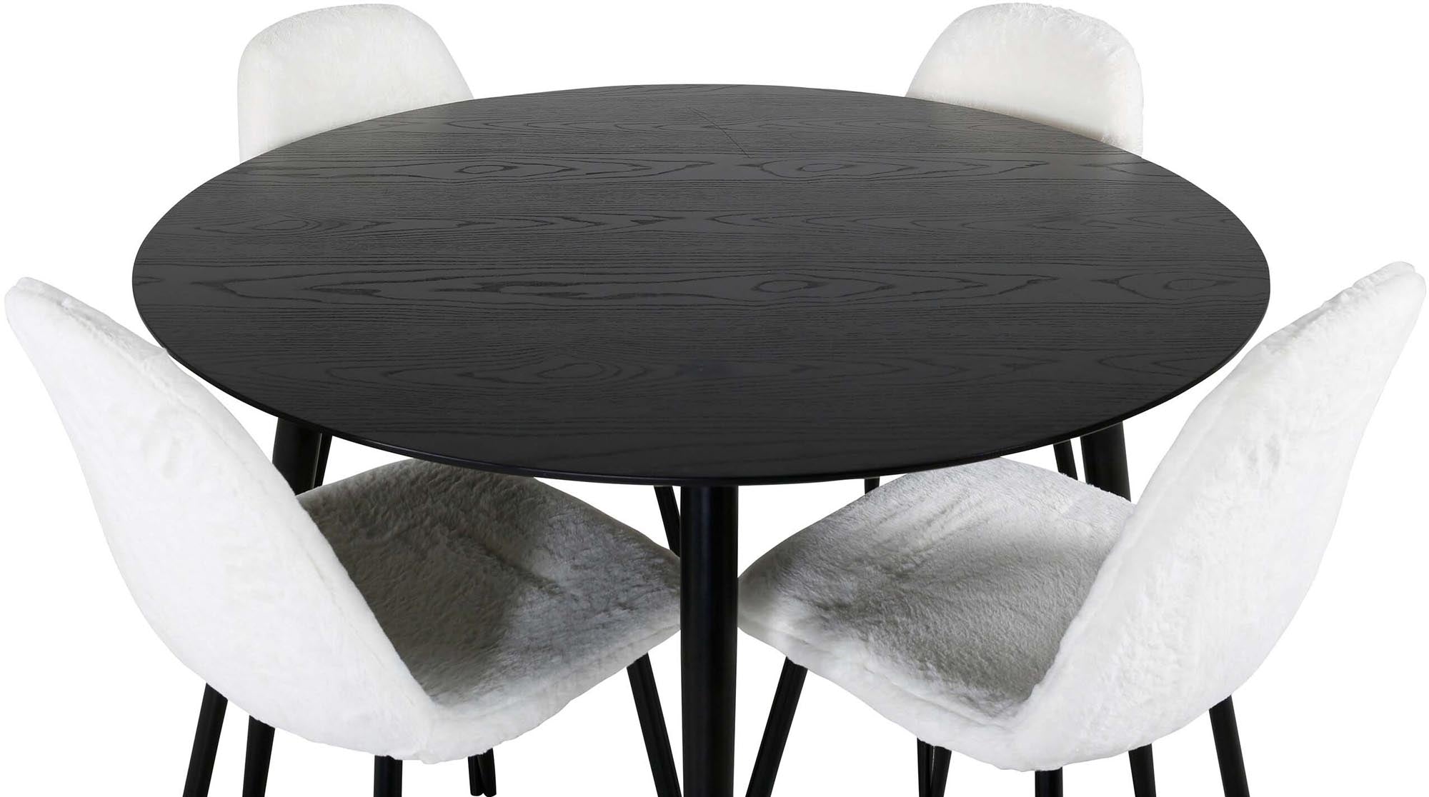 Stilvolles Dipp Esszimmerset für 4 Personen mit runden 115 cm Tisch und bequemen Polar Fluff Stühlen – ideal für gesellige Abende.