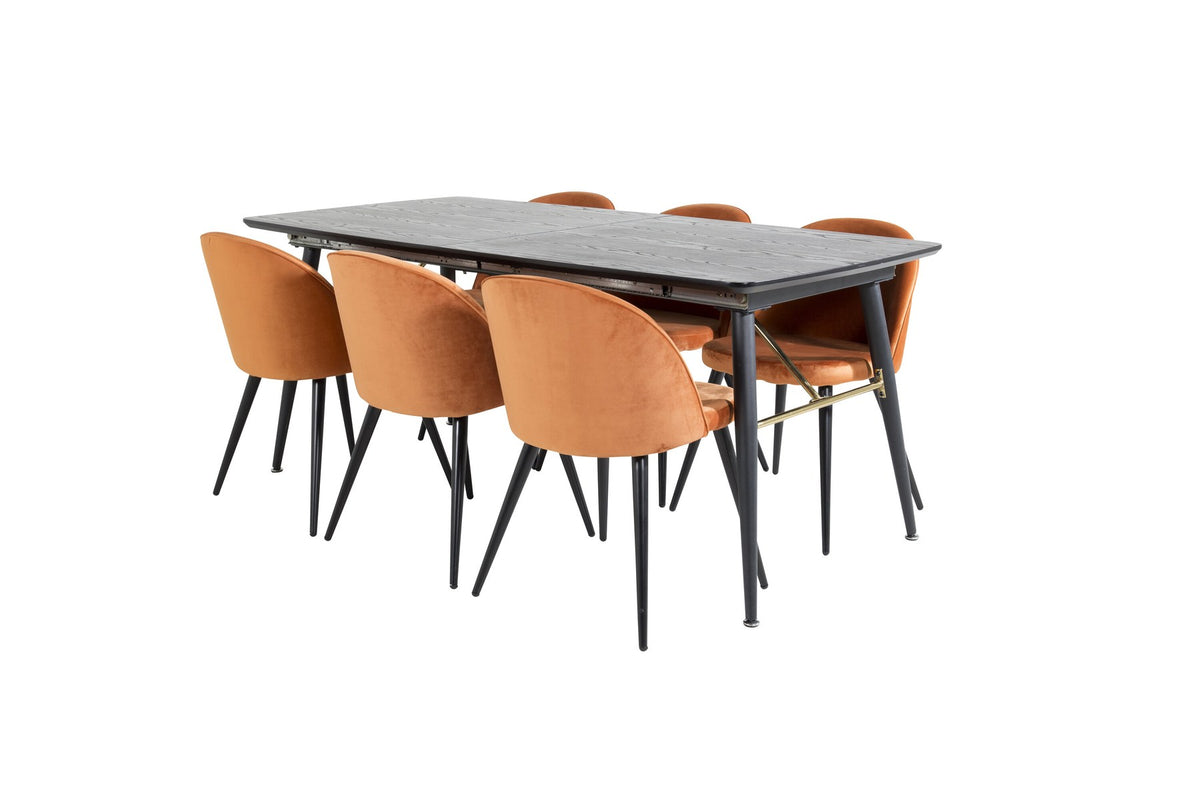 Esszimmerset mit schwarzer MDF-Tischplatte, Stahlbeinen und sechs Velvet-Stühlen in Rostorange mit schwarzem Metallgestell.