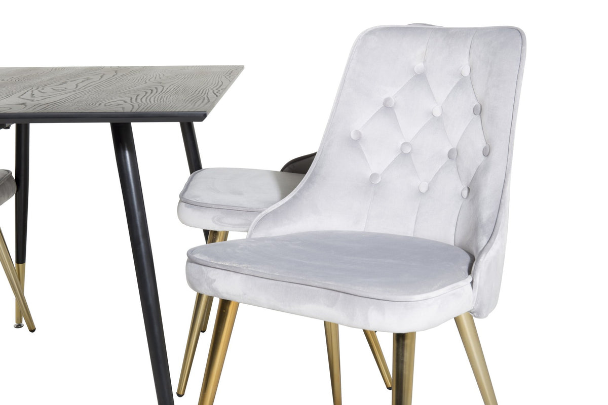 Esszimmerset Dipp & Velvet Deluxe von Venture Home: Esstisch mit schwarzer Tischplatte und Stahlbeinen, dazu vier Stühle in Grau.