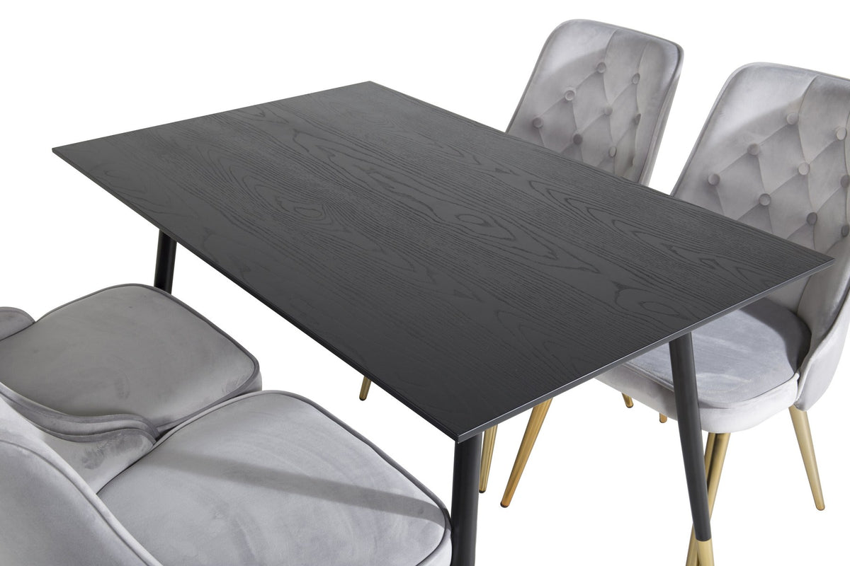 Esszimmerset Dipp & Velvet Deluxe von Venture Home: Esstisch mit schwarzer Tischplatte und Stahlbeinen, dazu vier Stühle in Grau.