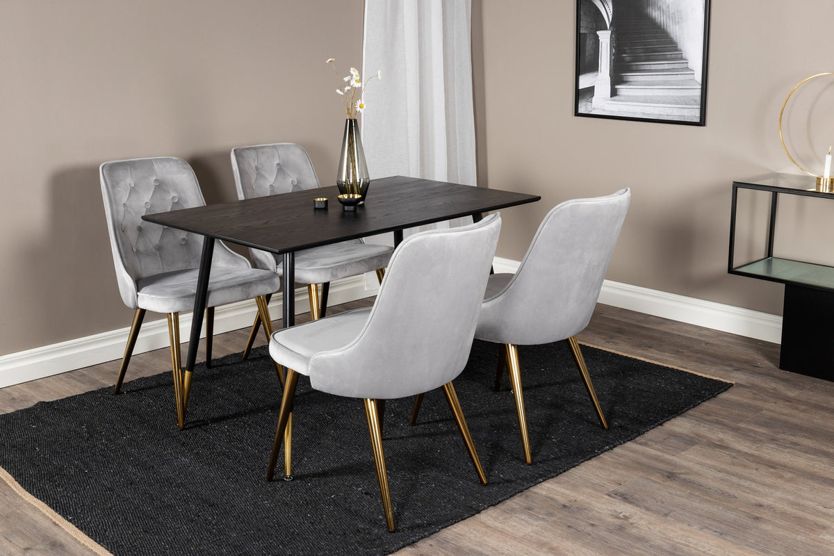 Esszimmerset Dipp & Velvet Deluxe von Venture Home: Esstisch mit schwarzer Tischplatte und Stahlbeinen, dazu vier Stühle in Grau.
