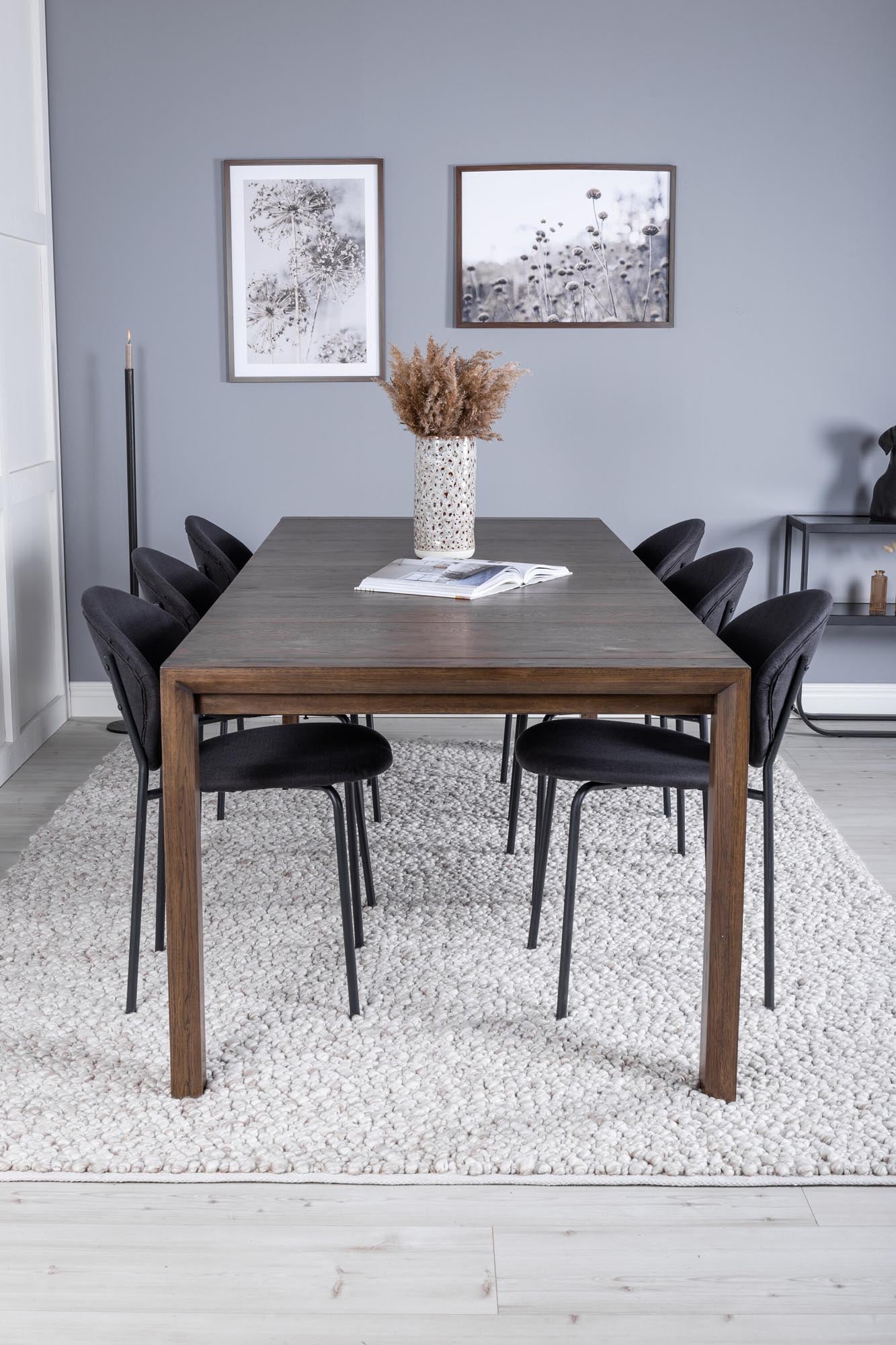 Stylisches Slider Esszimmerset: Ausziehbarer Tisch (170 cm) im Eichen-Look + 6 bequeme Vault Stühle, perfekt für gesellige Anlässe und moderne Einrichtung.