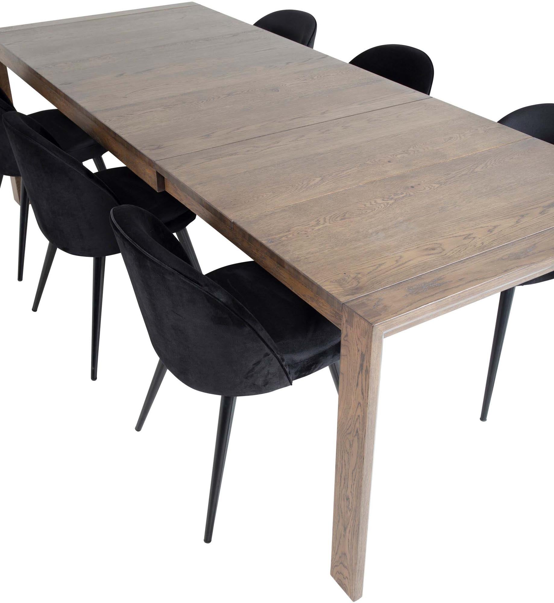 Stilvolles Esszimmerset mit ausziehbarem Tisch und 6 Samtstühlen.