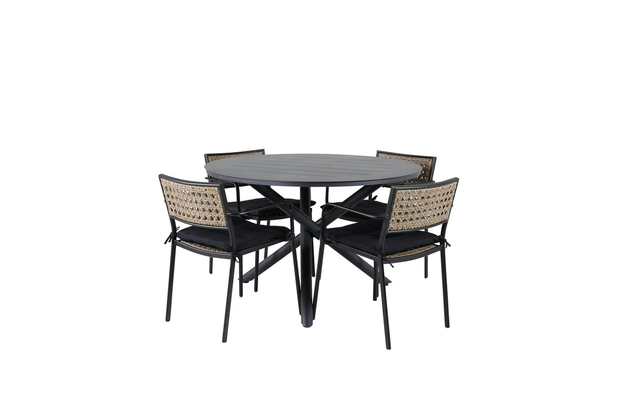 Runder Esstisch Ø120 cm aus schwarzem Aluminium mit vier Gartenstühlen aus Aluminium und Polyesterbezug in Naturfarbe im Aussenbereich.