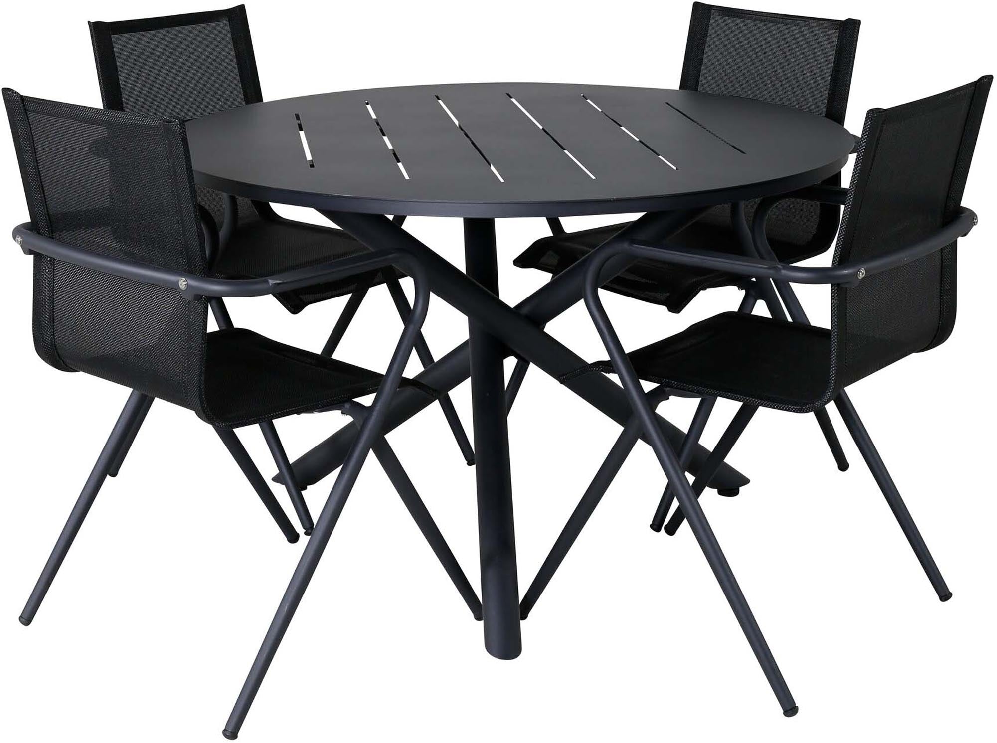 Stilvolles Alma Outdoor-Tischset + Alina: Moderner, runder Tisch (⌀120cm) & 4 komfortable, wetterfeste Stühle für Ihre Outdoor-Oase.