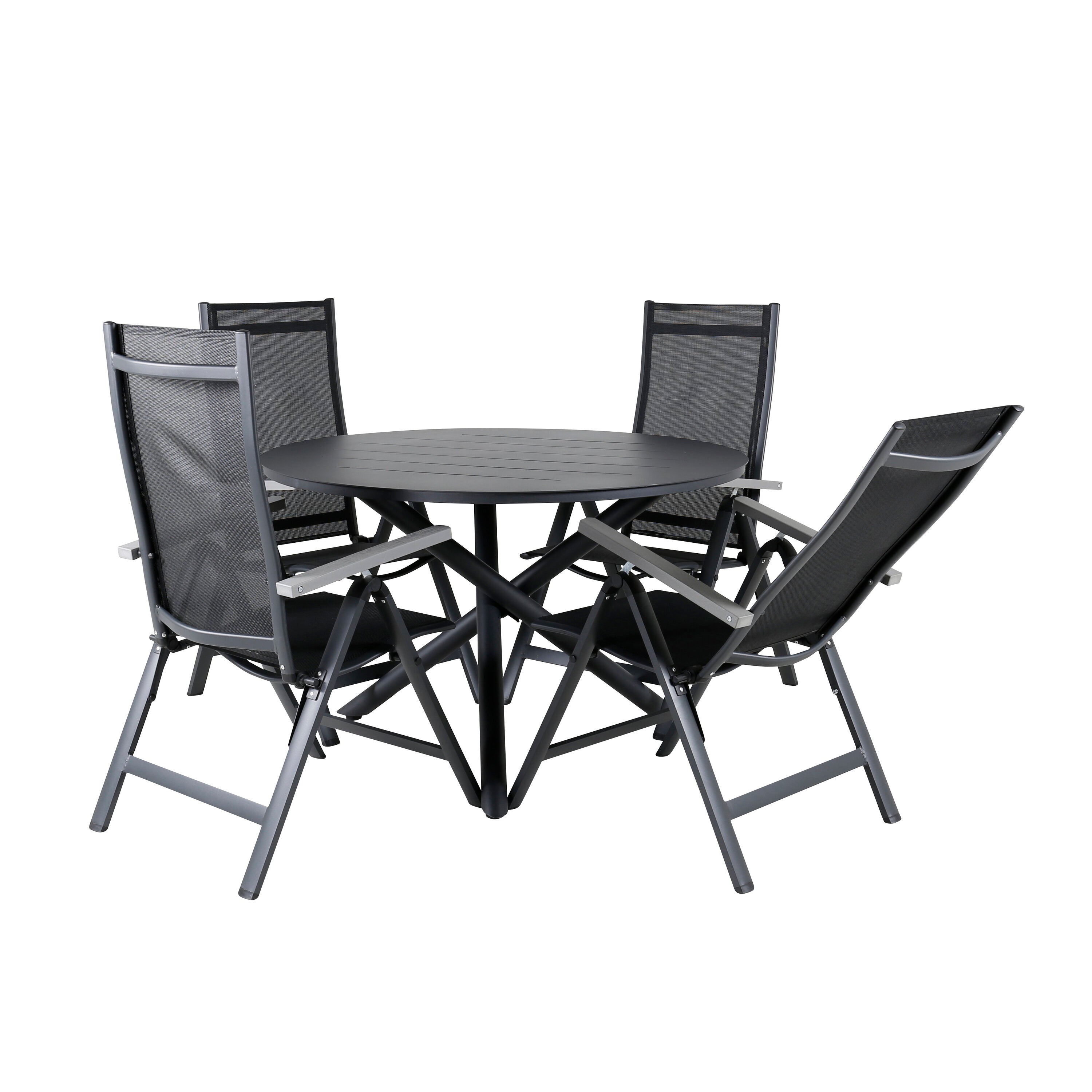 Alma Outdoor-Tischset + Albany ⌀120cm/4St. in Schwarz präsentiert im Onlineshop von KAQTU Design AG. Gartentischset ist von Venture Home