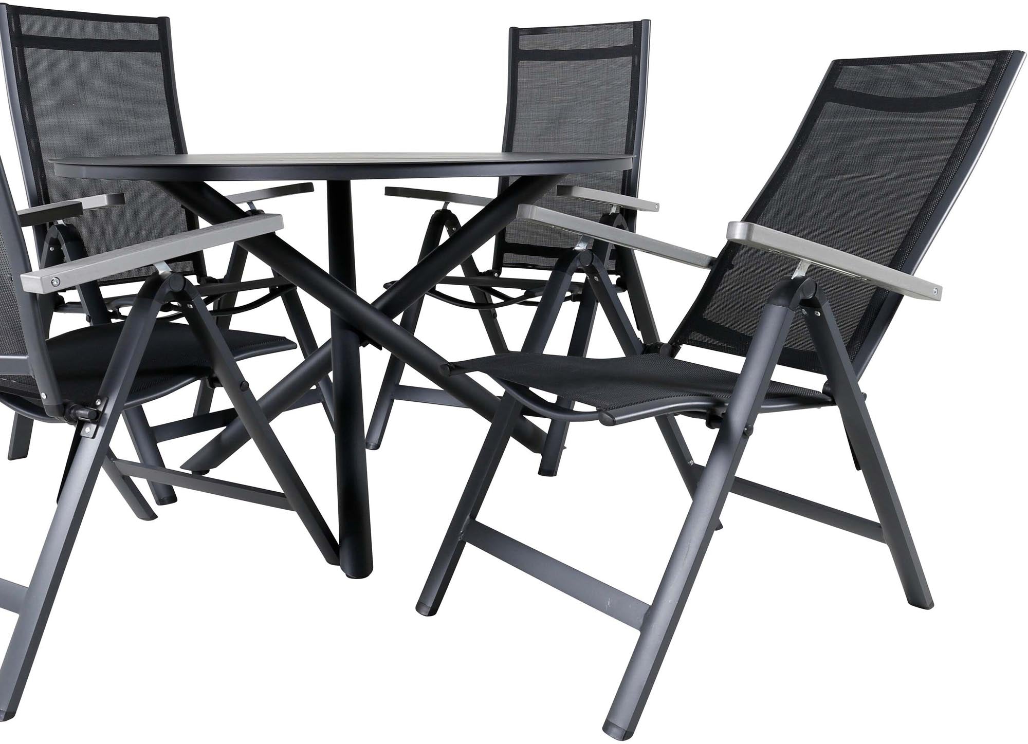 Elegantes Alma Outdoor-Tischset von Venture Home: Wetterfester Tisch & komfortable Albany-Stühle in zeitlosem Schwarz.