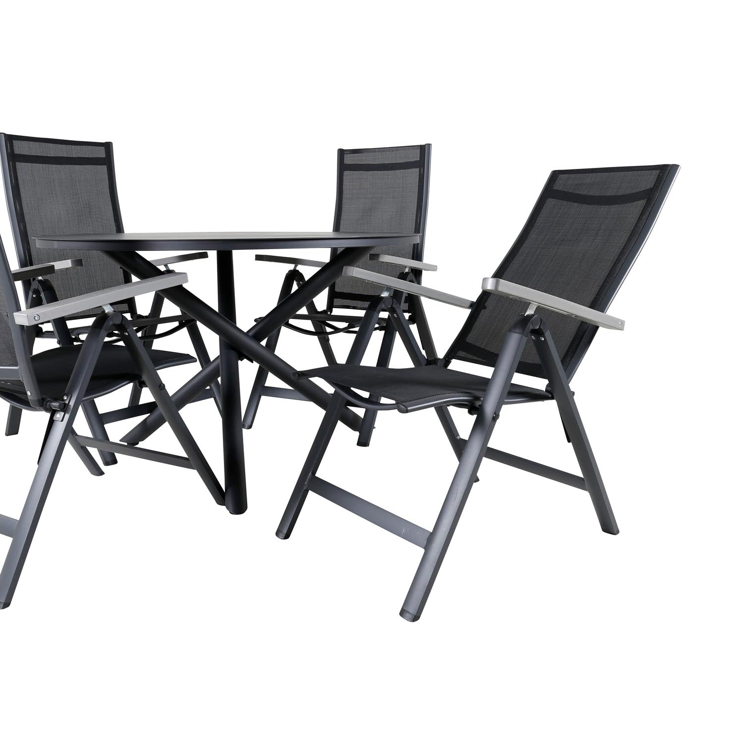 Alma Outdoor-Tischset + Albany ⌀120cm/4St. in Schwarz präsentiert im Onlineshop von KAQTU Design AG. Gartentischset ist von Venture Home