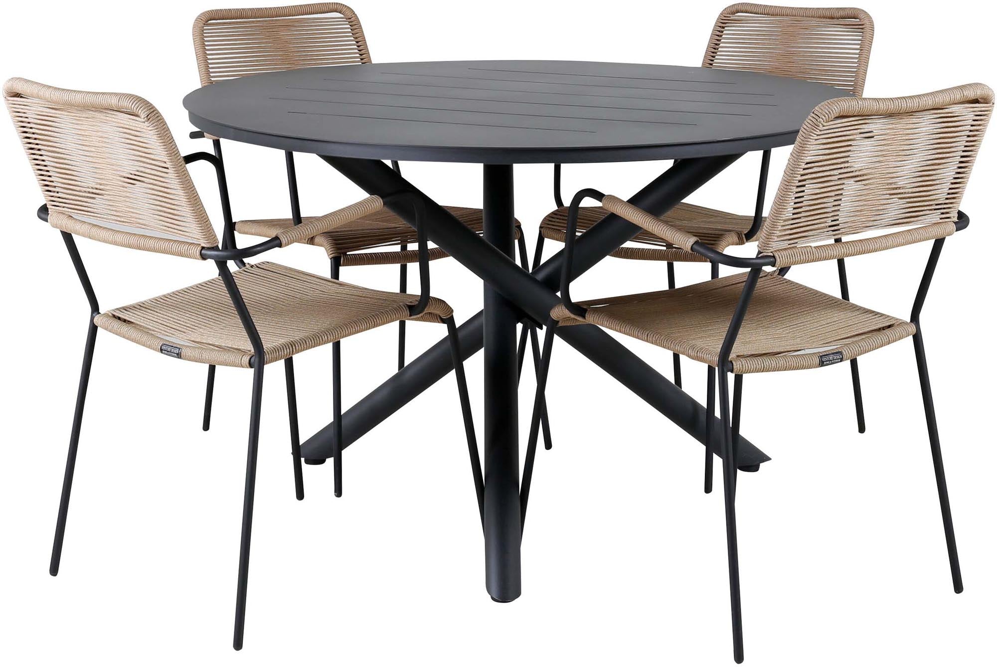 Entdecken Sie das stilvolle Alma Outdoor-Tischset + Lindos ⌀120cm/4St. von Venture Home – perfekt für Garten und Terrasse, wetterfest und elegant.