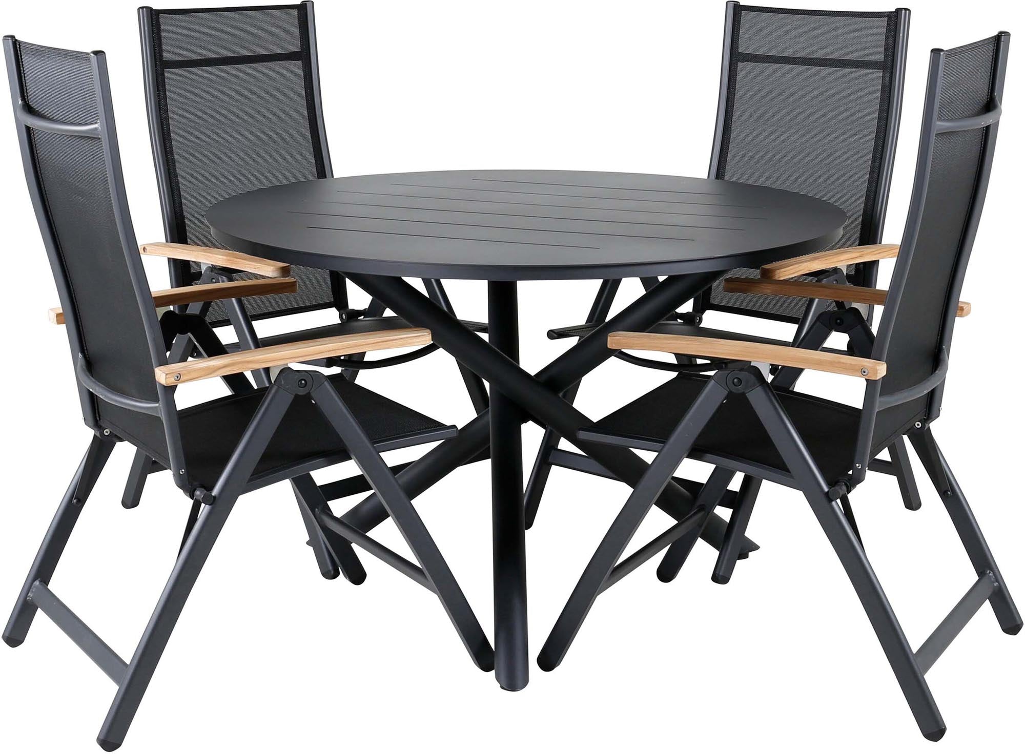 Elegantes Alma Outdoor-Tischset von Venture Home: Robuster Aluminiumtisch & komfortable Panama-Stühle mit Teakholz-Details.