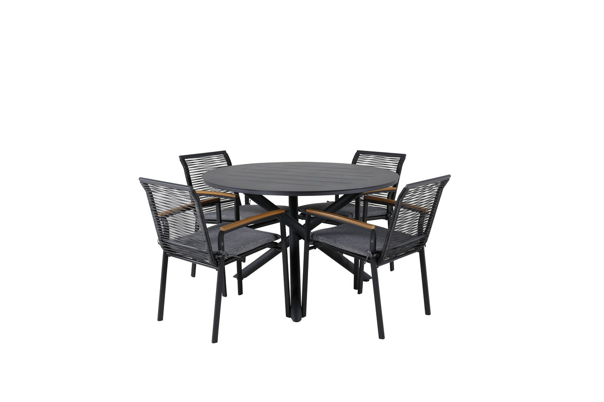 Runder schwarzer Aluminium-Esstisch Ø120 cm mit zwei Esszimmerstühlen aus Aluminium, schwarzer Pulverbeschichtung und Polyesterbezug im Garten.