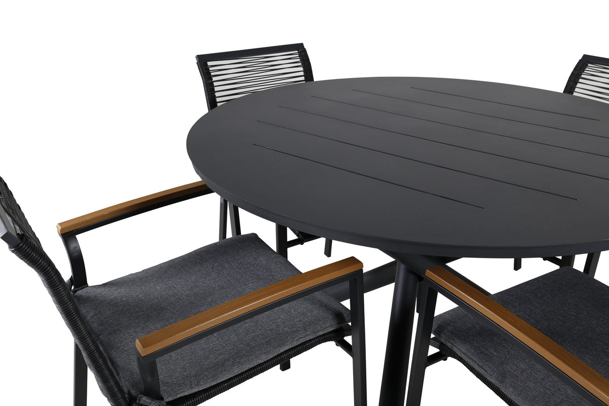Runder schwarzer Aluminium-Esstisch Ø120 cm mit zwei Esszimmerstühlen aus Aluminium, schwarzer Pulverbeschichtung und Polyesterbezug im Garten.